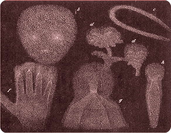Sepia-toned illustration showing a hand shape and several forms marked with letters